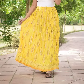Хлопковая юбка, Cotton Yellow Skirt Leaves Pattern, Handmade, произв. MYINDIA