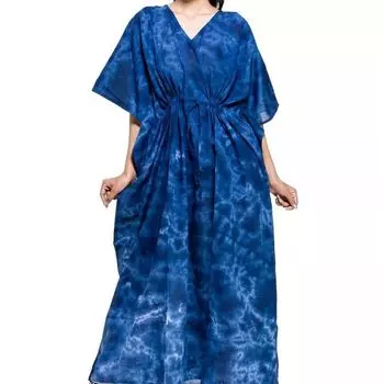 Хлопковое платье-кафтан, Cotton Kaftan Dress Tie-Dye Blue Water, Handmade, произв. MYINDIA