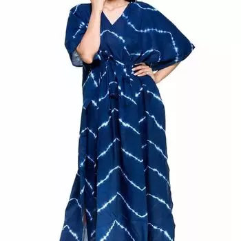 Хлопковое платье-кафтан, Cotton Kaftan Dress Tie-Dye Dark Blue, Handmade, произв. MYINDIA