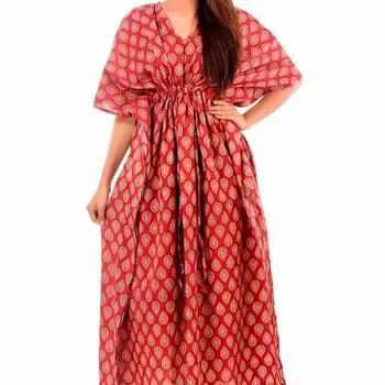 Хлопковое платье-кафтан, Cotton Kaftan Dress Red Feather, Handmade, произв. MYINDIA