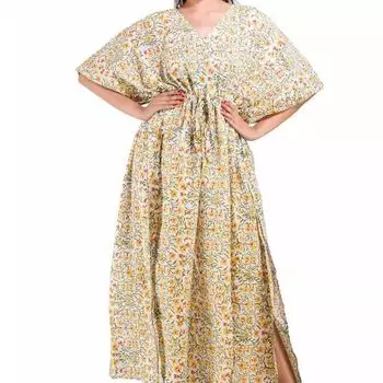 Хлопковое платье-кафтан, Cotton Kaftan Dress Yellow Floral, Handmade, произв. MYINDIA