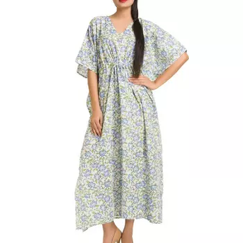 Хлопковое платье-кафтан, Cotton Kaftan Dress Blue Flowers, Handmade, произв. MYINDIA