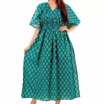 Хлопковое платье-кафтан, Cotton Kaftan Dress Turquoise Feather, Handmade, произв. MYINDIA