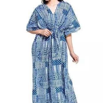 Хлопковое платье-кафтан, Cotton Kaftan Dress Blue Geometric, Handmade, произв. MYINDIA