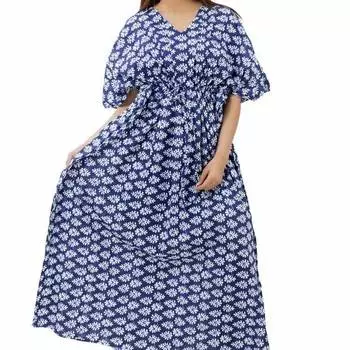 Хлопковое платье-кафтан, Cotton Kaftan Dress Dark Blue Floral Print, Handmade, произв. MYINDIA