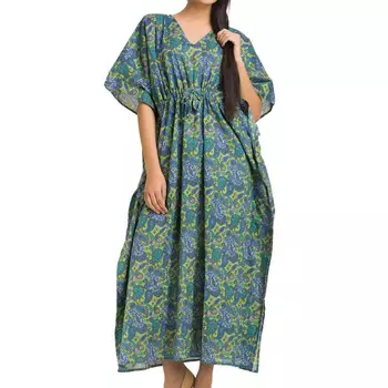 Хлопковое платье-кафтан, Cotton Kaftan Dress Deep Green Weave, Handmade, произв. MYINDIA