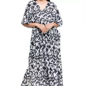 Хлопковое платье-кафтан, Cotton Kaftan Dress Black And White Pattern, Handmade, произв. MYINDIA