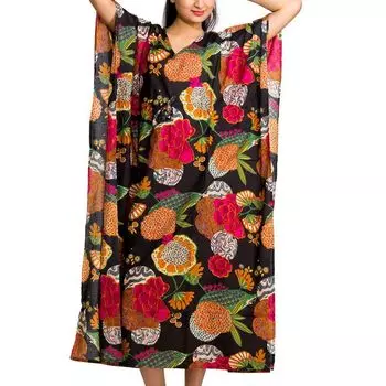 Хлопковое платье-кафтан, Cotton Kaftan Dress Black Flowers, Handmade, произв. MYINDIA