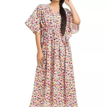 Хлопковое платье-кафтан, Cotton Kaftan Dress Multicolor Floral, Handmade, произв. MYINDIA