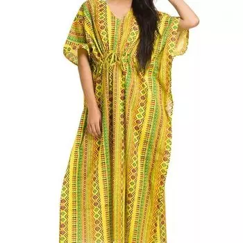 Хлопковое платье-кафтан, Cotton Kaftan Dress Mustard, Handmade, произв. MYINDIA