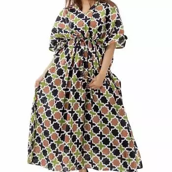 Хлопковое платье-кафтан, Cotton Kaftan Dress Black Cross, Handmade, произв. MYINDIA