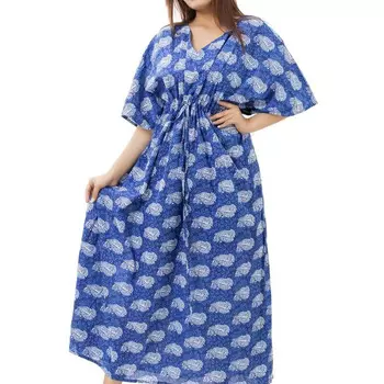 Хлопковое платье-кафтан, Cotton Kaftan Dress White Pattern, Handmade, произв. MYINDIA