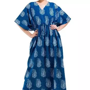 Хлопковое платье-кафтан, Cotton Kaftan Dress Indigo, Handmade, произв. MYINDIA