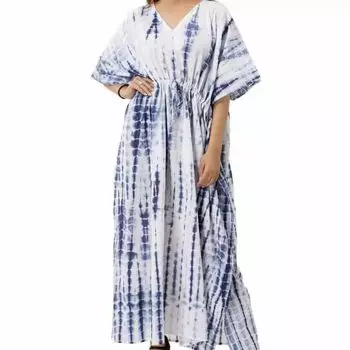 Хлопковое платье-кафтан, Cotton Kaftan Dress Tie-Dye White, Handmade, произв. MYINDIA
