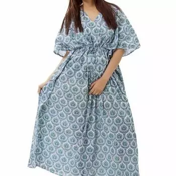 Хлопковое платье-кафтан, Cotton Kaftan Dress Light Blue Floral, Handmade, произв. MYINDIA