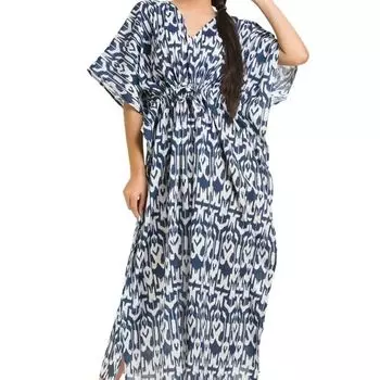 Хлопковое платье-кафтан, Cotton Kaftan Dress Blue And White Pattern, Handmade, произв. MYINDIA