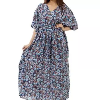 Хлопковое платье-кафтан, Cotton Kaftan Dress Floral Blue, Handmade, произв. MYINDIA