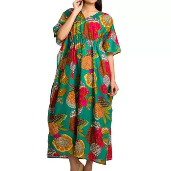 Хлопковое платье-кафтан, Cotton Kaftan Dress Green Flowers, Handmade, произв. MYINDIA