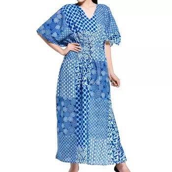Хлопковое платье-кафтан, Cotton Kaftan Dress Patchwork Blue, Handmade, произв. MYINDIA