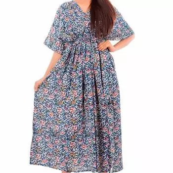 Хлопковое платье-кафтан, Cotton Kaftan Dress Blue on White Floral, Handmade, произв. MYINDIA