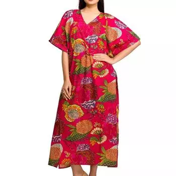 Хлопковое платье-кафтан, Cotton Kaftan Dress Red Flowers, Handmade, произв. MYINDIA