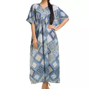 Хлопковое платье-кафтан, Cotton Kaftan Dress Square Pattern, Handmade, произв. MYINDIA