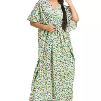 Хлопковое платье-кафтан, Cotton Kaftan Dress Green and Blue Flowers, Handmade, произв. MYINDIA