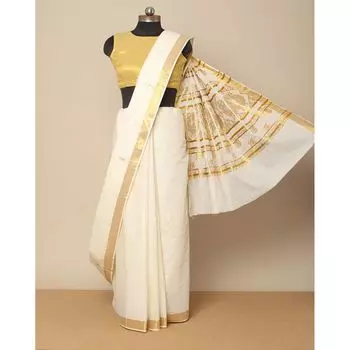 Хлопковое сари Керала Касаву с каймой зари, Kerala Kasavu Cotton Saree with Zari Border, произв. AJIO