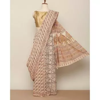Хлопковое сари педана калямкари, Handblock Print Pedana Kalamkari Cotton Saree, произв. AJIO