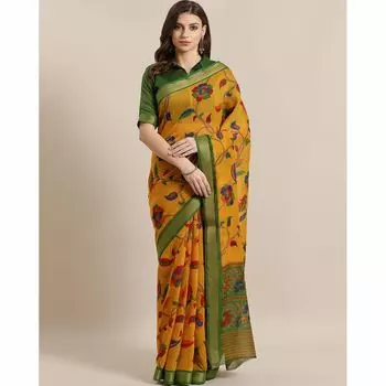 Хлопковое сари с цветочным принтом и контрастной каймой, Floral Print Contrast Border Saree, произв. AJIO
