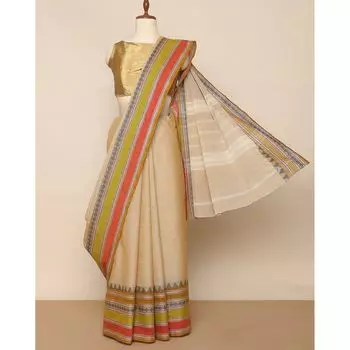 Хлопковое сари с каймой четтинад, Cotton Saree with Chettinad Border, произв. AJIO