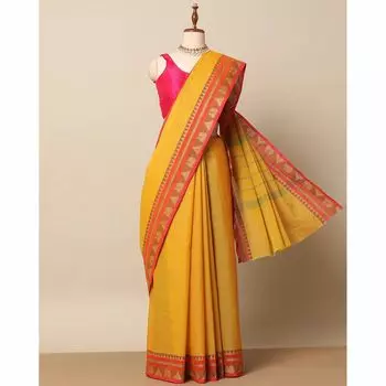 Хлопковое сари с каймой четтинад, Theni Cotton Saree with Chettinadu Border, произв. AJIO