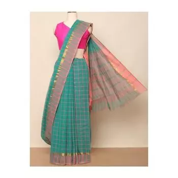 Хлопковое сари с каймой, South Cotton Checked Saree with Zari Line Border, произв. AJIO