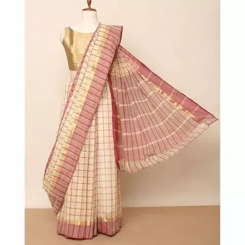 Хлопковое сари с каймой зари, Checked South Cotton Saree with Zari Line Border, произв. AJIO