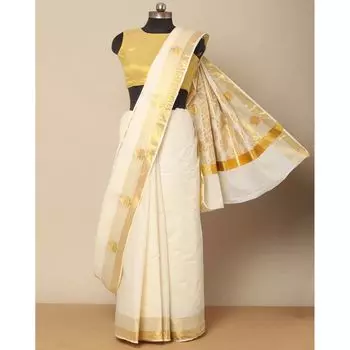 Хлопковое сари с каймой зари, Kerala Kasavu Cotton Saree with Zari Border, произв. AJIO