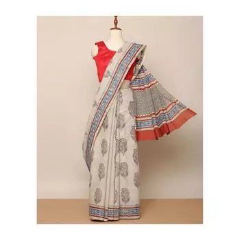 Хлопковое сари с набойкой, Handblock Print Bagru Cotton Mull Saree, произв. AJIO