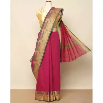 Хлопковое сари с окантовкой четтинад, Theni Cotton Saree with Chettinad Border, произв. AJIO