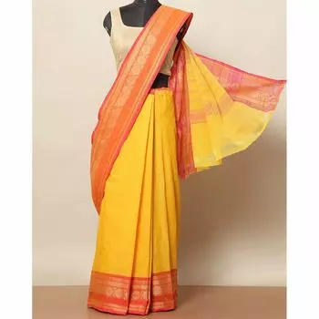 Хлопковое сари с окантовкой Ганга Джамуна, Theni Cotton Saree with Ganga Jamuna Border, произв. AJIO