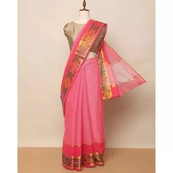 Хлопковое сари с окантовкой икат, South Cotton Saree with Ikat Border, произв. AJIO