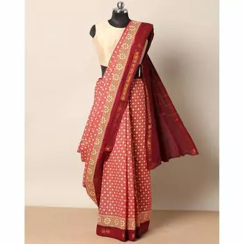 Хлопковое сари с принтом, Printed Chhinallapati Cotton Saree with Zari Border, произв. AJIO