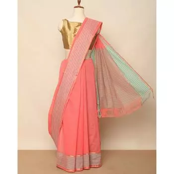 Хлопковое сари с тканой полосатой каймой, Cotton Saree with Zari Woven Striped Border, произв. AJIO