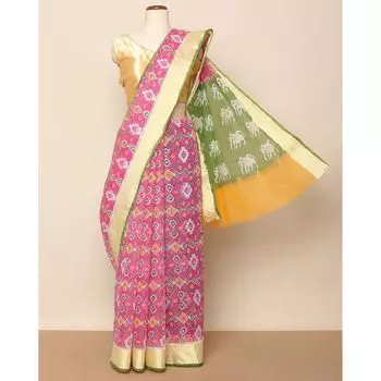 Хлопковое сари с узором и окантовкой зари, Printed Patola Kota Saree with Zari Border, произв. AJIO