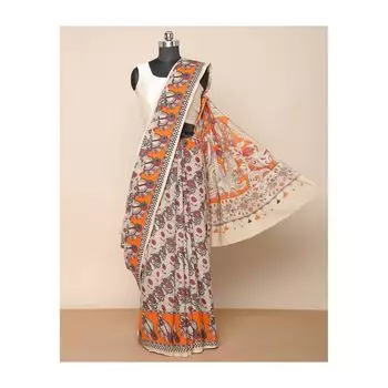 Хлопковое сари с узором калямкари, Printed Kalamkari Cotton Saree, произв. AJIO