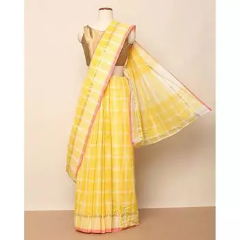 Хлопковое сари с узором зари, South Cotton Checked Saree with Zari Line Border, произв. AJIO