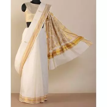 Хлопковое сари с золотистой окантовкой, Kerala Kasavu Cotton Saree with Zari Border, произв. AJIO