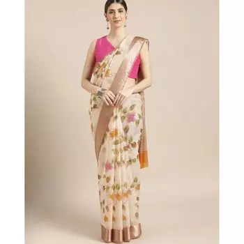Хлопковое текстурное сари с контрастной каймой, Textured Saree with Contrast Border, произв. AJIO