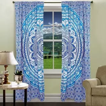 Хлопковые шторы мандала, Cotton Curtains Blue on White Mandala, Handmade, произв. MYINDIA