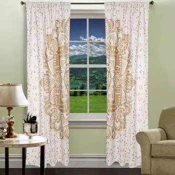 Хлопковые шторы мандала, Cotton Curtains Gold on White Mandala, Handmade, произв. MYINDIA