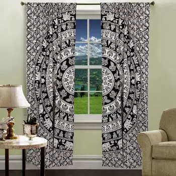 Хлопковые шторы мандала, Cotton Curtains Mandala Black And White, Handmade, произв. MYINDIA