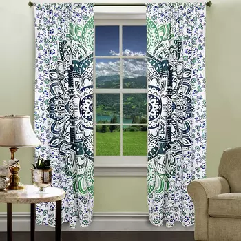 Хлопковые шторы мандала, Cotton Curtains Mandala Green, Handmade, произв. MYINDIA